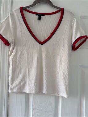 Forever 21 White Ribbed Deep V-Neck Tee with Red and BlueTrim Large